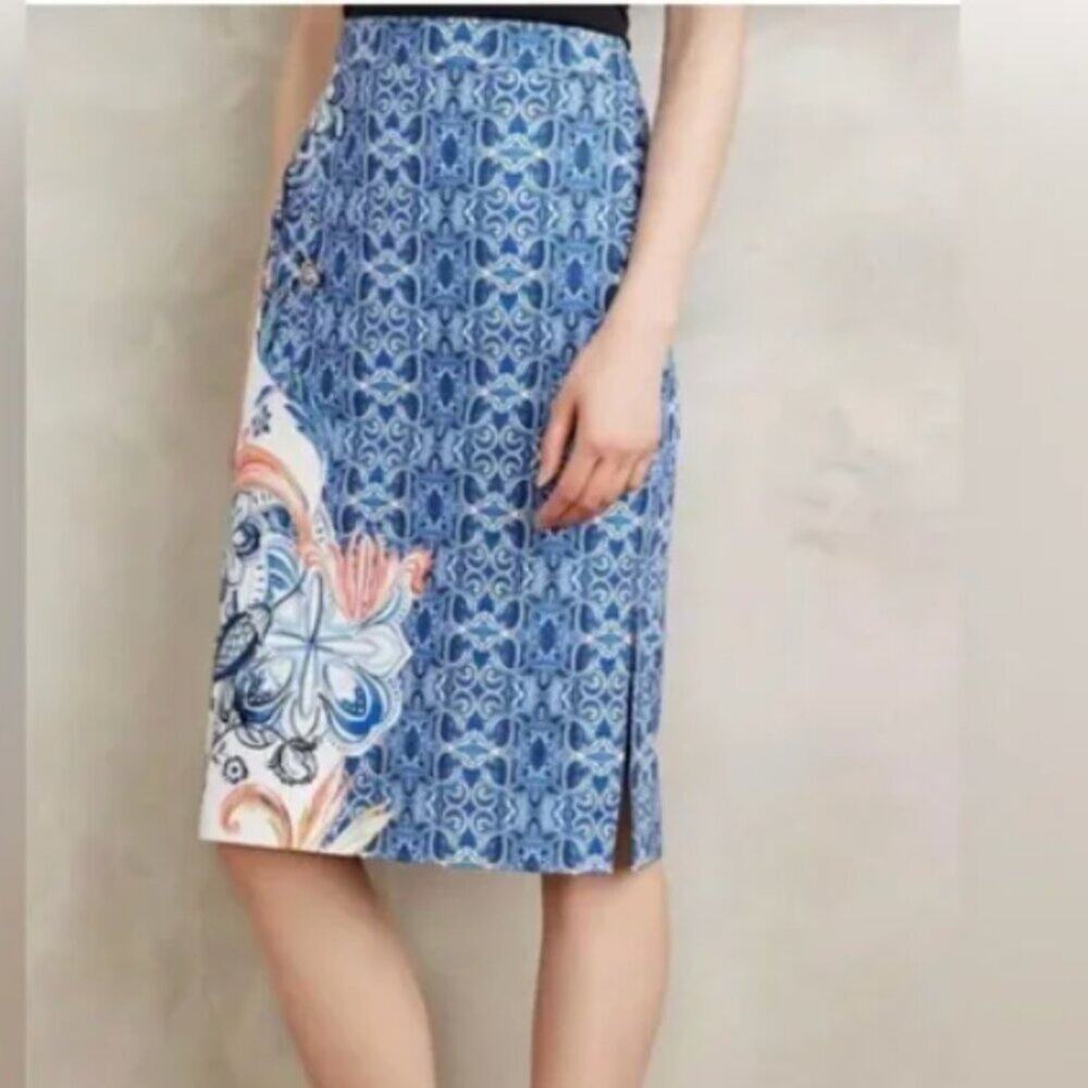 Anthroplogie Pencil Skirt Moulinette Soeurs Blue Multicolor Floral Print